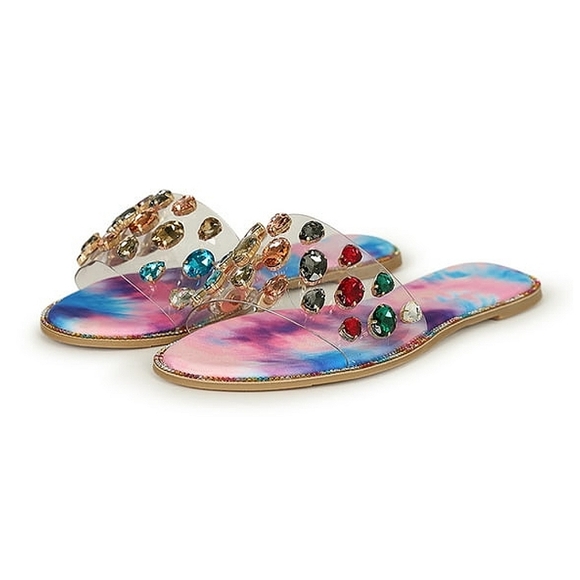 ☆Akira Jewel Embellished Rhinestone Trim Flat Slide Sandal☆ - Picture 3 of 3